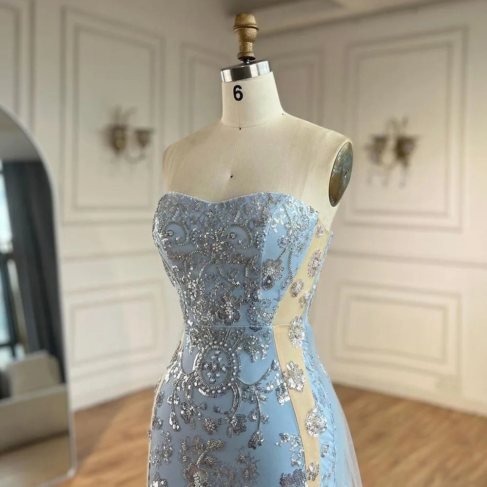 Serene Hill 2025 Arabic Blue Mermaid Luxury Evening Gown with Tulle Overskirt Beaded Dress for Women&