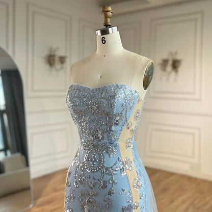 Serene Hill 2025 Arabic Blue Mermaid Luxury Evening Gown with Tulle Overskirt Beaded Dress for Women&
