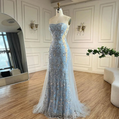Serene Hill 2025 Arabic Blue Mermaid Luxury Evening Gown with Tulle Overskirt Beaded Dress for Women&