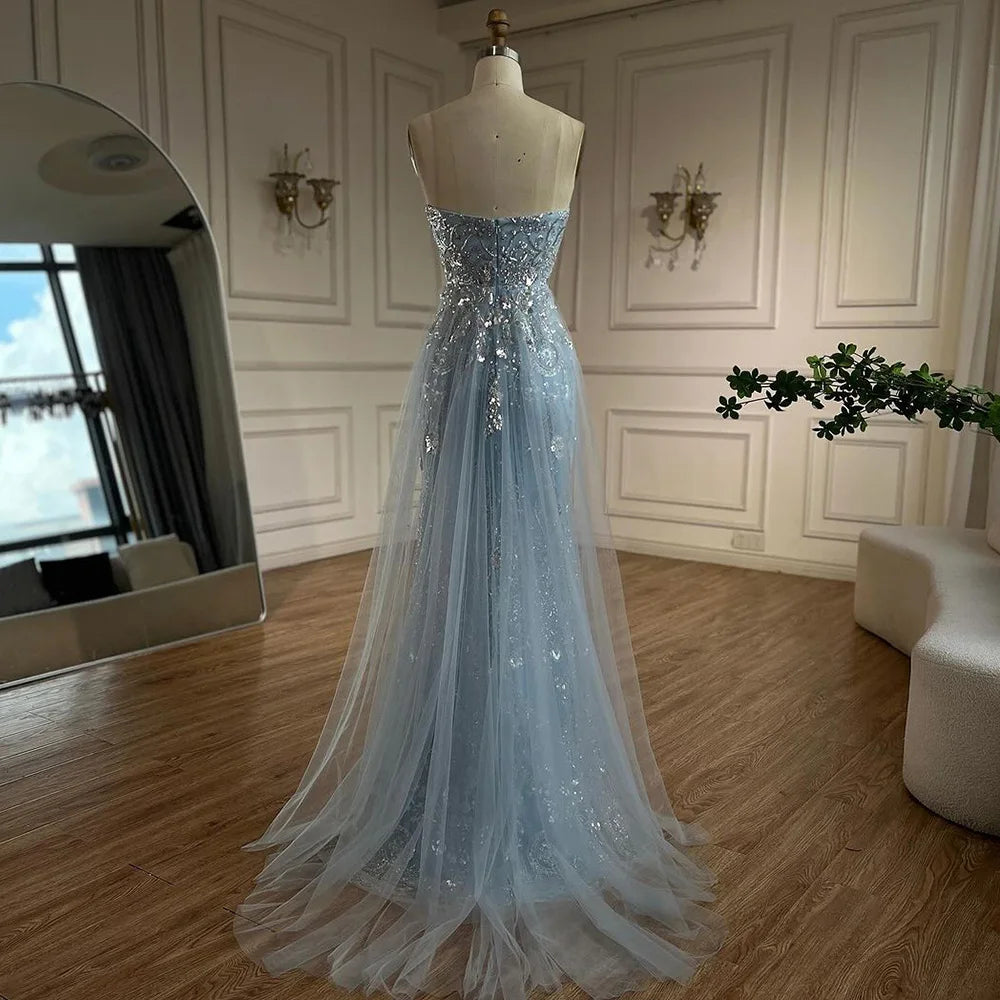 Serene Hill 2025 Arabic Blue Mermaid Luxury Evening Gown with Tulle Overskirt Beaded Dress for Women&