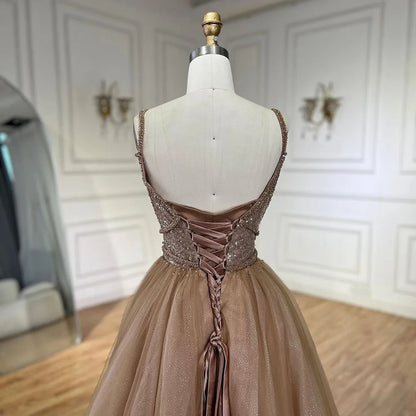 Serene Hill 2025 Arabic Carame A Line Spaghetti Strap Beaded Luxury Dubai Evening Dresses Gowns For Women Wedding Party LA70495 - SERENE HILL