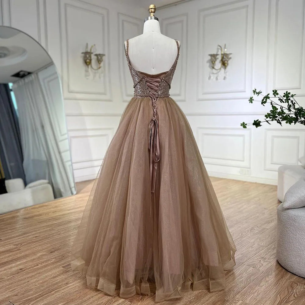 Serene Hill 2025 Arabic Carame A Line Spaghetti Strap Beaded Luxury Dubai Evening Dresses Gowns For Women Wedding Party LA70495 - SERENE HILL