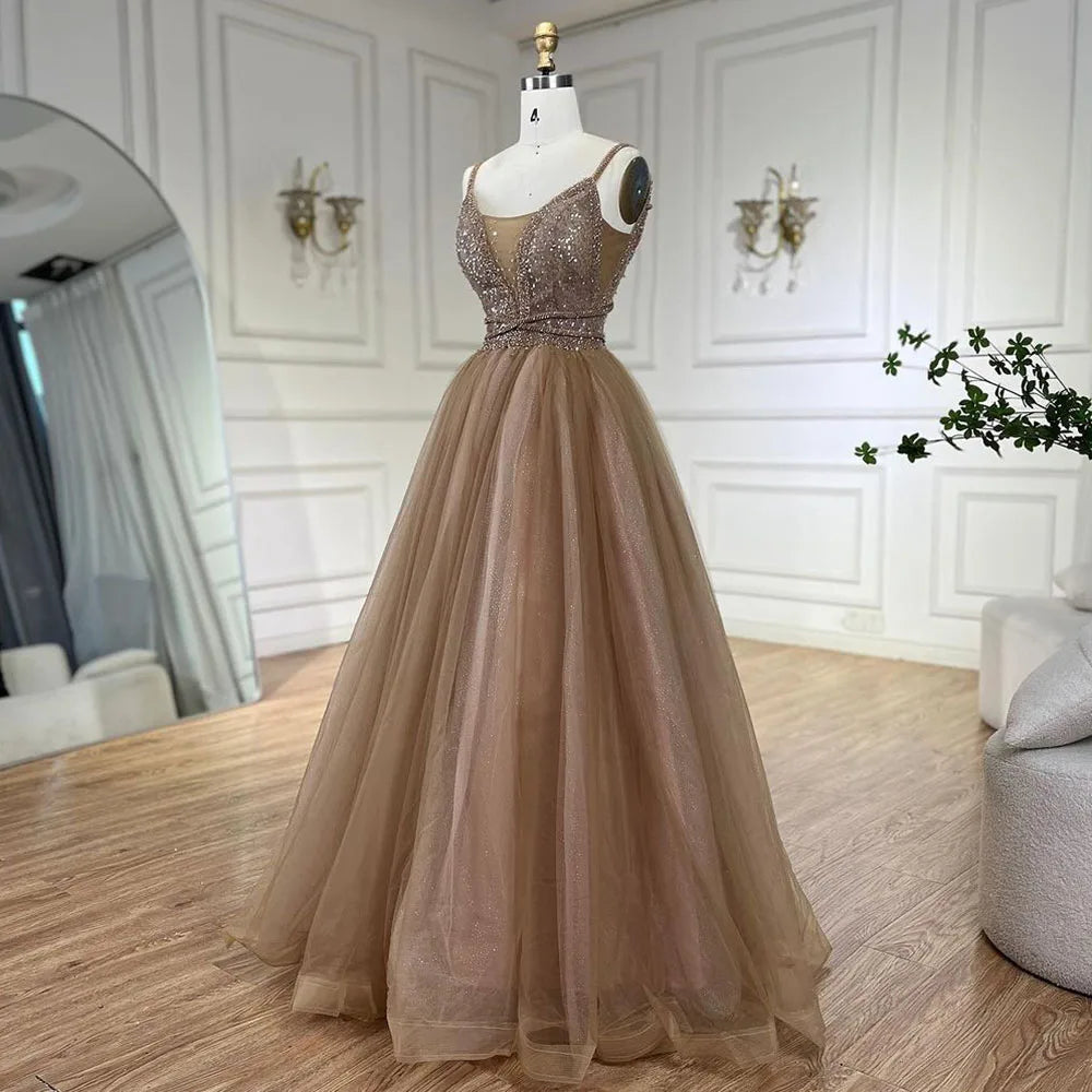 Serene Hill 2025 Arabic Carame A Line Spaghetti Strap Beaded Luxury Dubai Evening Dresses Gowns For Women Wedding Party LA70495 caramel / 12