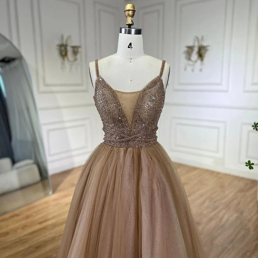 Serene Hill 2025 Arabic Carame A Line Spaghetti Strap Beaded Luxury Dubai Evening Dresses Gowns For Women Wedding Party LA70495 - SERENE HILL