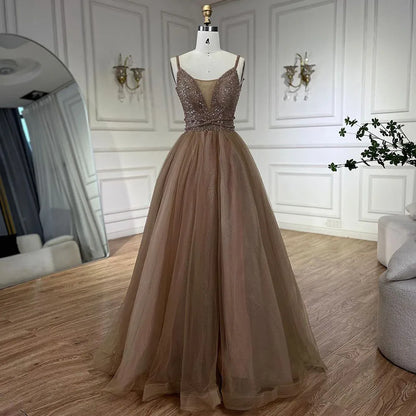 Serene Hill 2025 Arabic Carame A Line Spaghetti Strap Beaded Luxury Dubai Evening Dresses Gowns For Women Wedding Party LA70495 - SERENE HILL