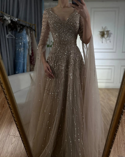 Luxury Dubai Arabic Caramel Elegant A-Line Beaded Long Evening Dresses Gowns with Cape Sleeves for Formal Occasion LA72750 - SERENE HILL