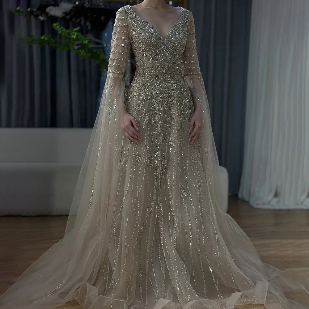 Luxury Dubai Arabic Caramel Elegant A-Line Beaded Long Evening Dresses Gowns with Cape Sleeves for Formal Occasion LA72750 - SERENE HILL