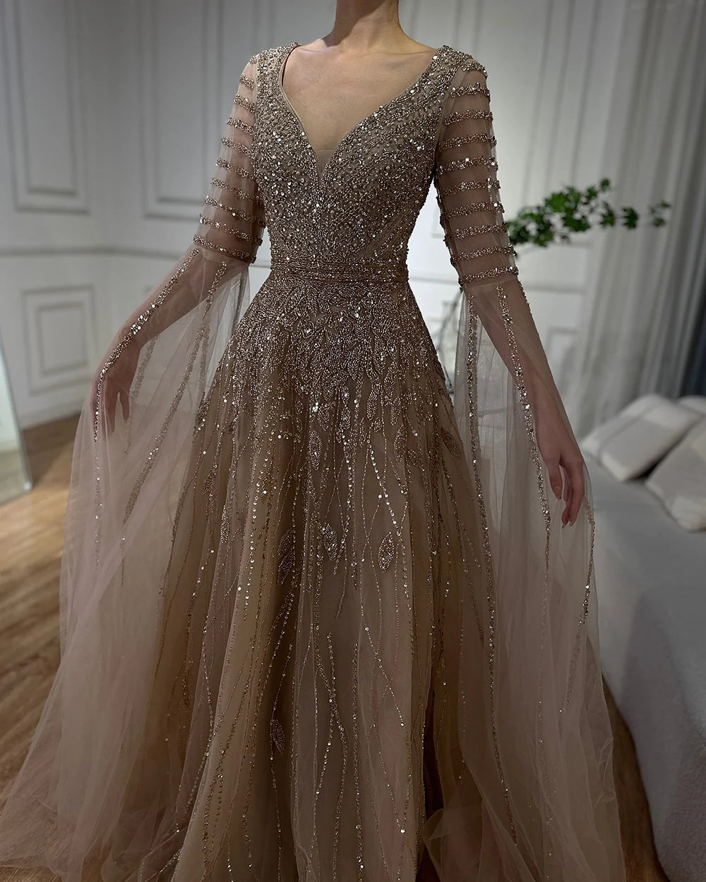 Luxury Dubai Arabic Caramel Elegant A-Line Beaded Long Evening Dresses Gowns with Cape Sleeves for Formal Occasion LA72750 - SERENE HILL