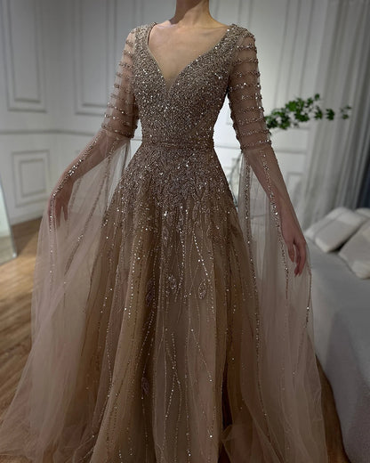 Luxury Dubai Arabic Caramel Elegant A-Line Beaded Long Evening Dresses Gowns with Cape Sleeves for Formal Occasion LA72750 - SERENE HILL