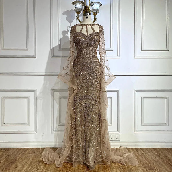 Serene Hill  Arabic Caramel Mermaid Evening Dress with Beaded Elegant Cape Sleeves Gown for Formal Occasion LA72708
