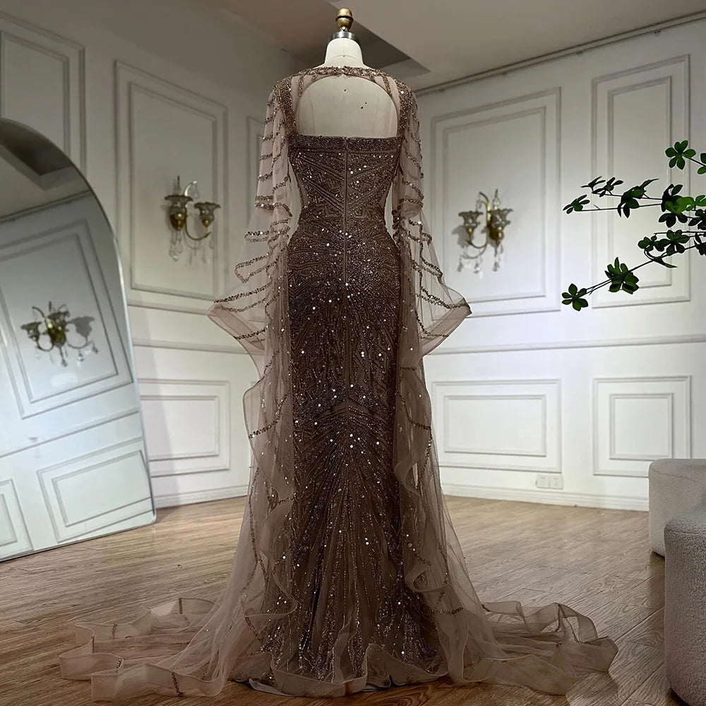 Serene Hill Arabic Caramel Mermaid Evening Dress with Beaded Elegant Cape Sleeves Gown for Formal Occasion LA72708 - SERENE HILL
