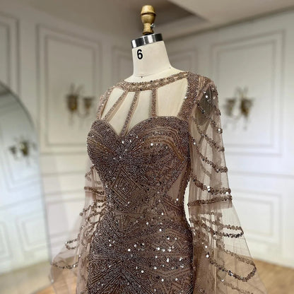 Serene Hill Arabic Caramel Mermaid Evening Dress with Beaded Elegant Cape Sleeves Gown for Formal Occasion LA72708 - SERENE HILL