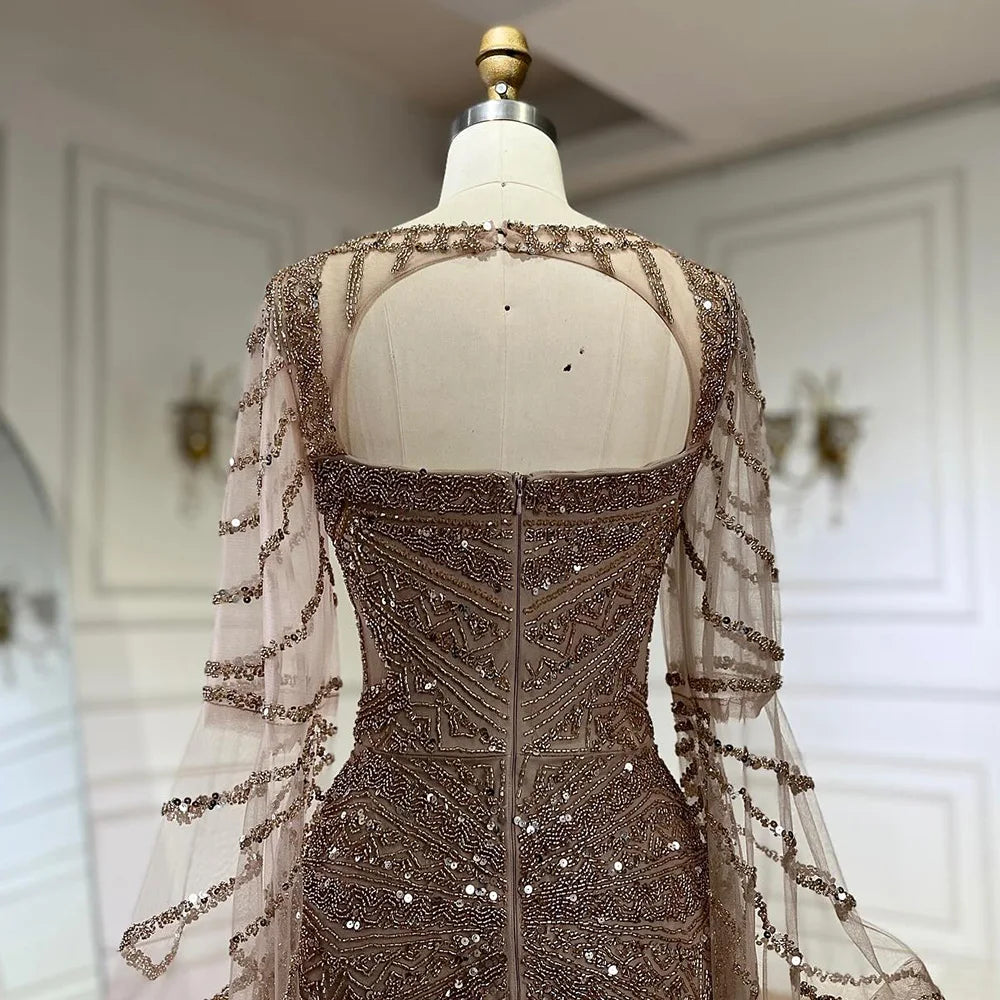 Serene Hill Arabic Caramel Mermaid Evening Dress with Beaded Elegant Cape Sleeves Gown for Formal Occasion LA72708 - SERENE HILL
