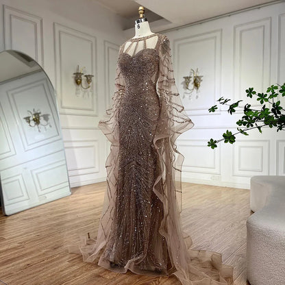 Serene Hill Arabic Caramel Mermaid Evening Dress with Beaded Elegant Cape Sleeves Gown for Formal Occasion LA72708 - SERENE HILL