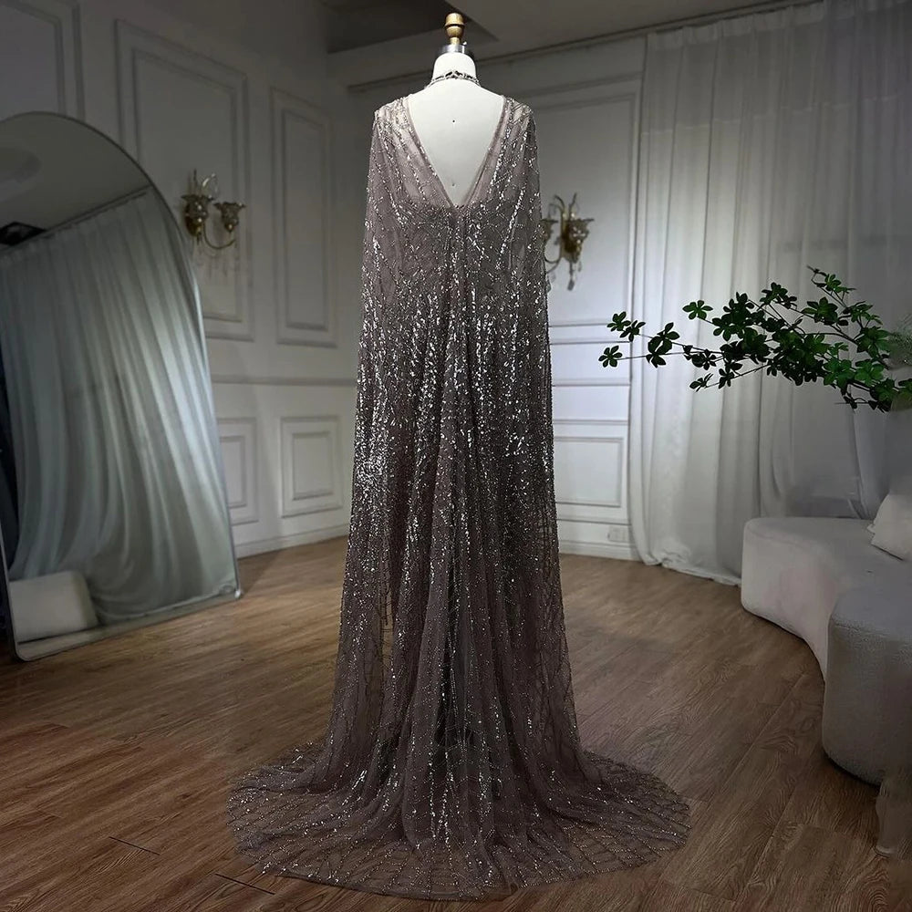 Serene Hill 2025 Arabic Caramel Mermaid Long Cloak Beaded Dubai Luxury Evening Dresses Gowns for Women Wedding Party LA72053B - SERENE HILL