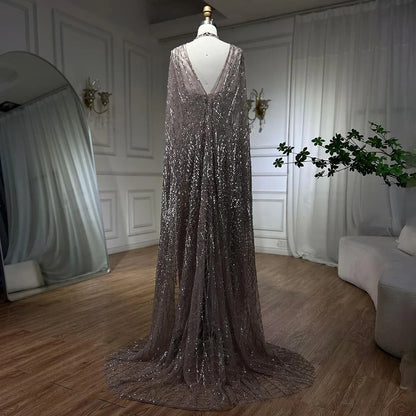 Serene Hill 2025 Arabic Caramel Mermaid Long Cloak Beaded Dubai Luxury Evening Dresses Gowns for Women Wedding Party LA72053B - SERENE HILL