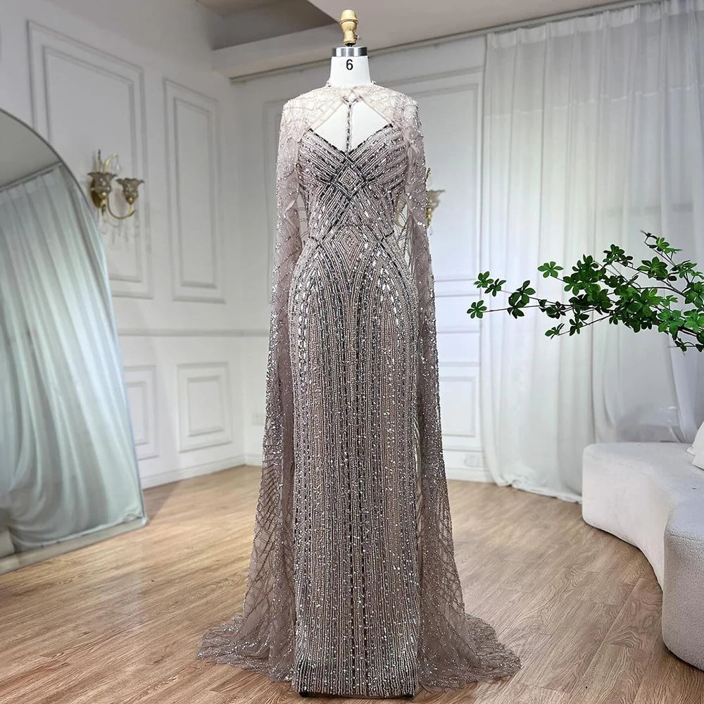 Serene Hill 2025 Arabic Caramel Mermaid Long Cloak Beaded Dubai Luxury Evening Dresses Gowns for Women Wedding Party LA72053B - SERENE HILL