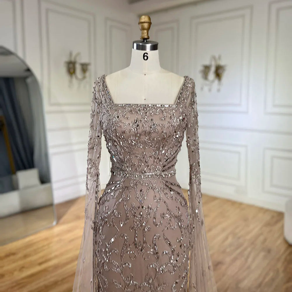 Arabic Caramel Beaded Mermaid Evening Dress with Cape Sleeves LA72400A - SERENE HILL