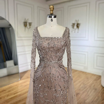Arabic Caramel Beaded Mermaid Evening Dress with Cape Sleeves LA72400A - SERENE HILL