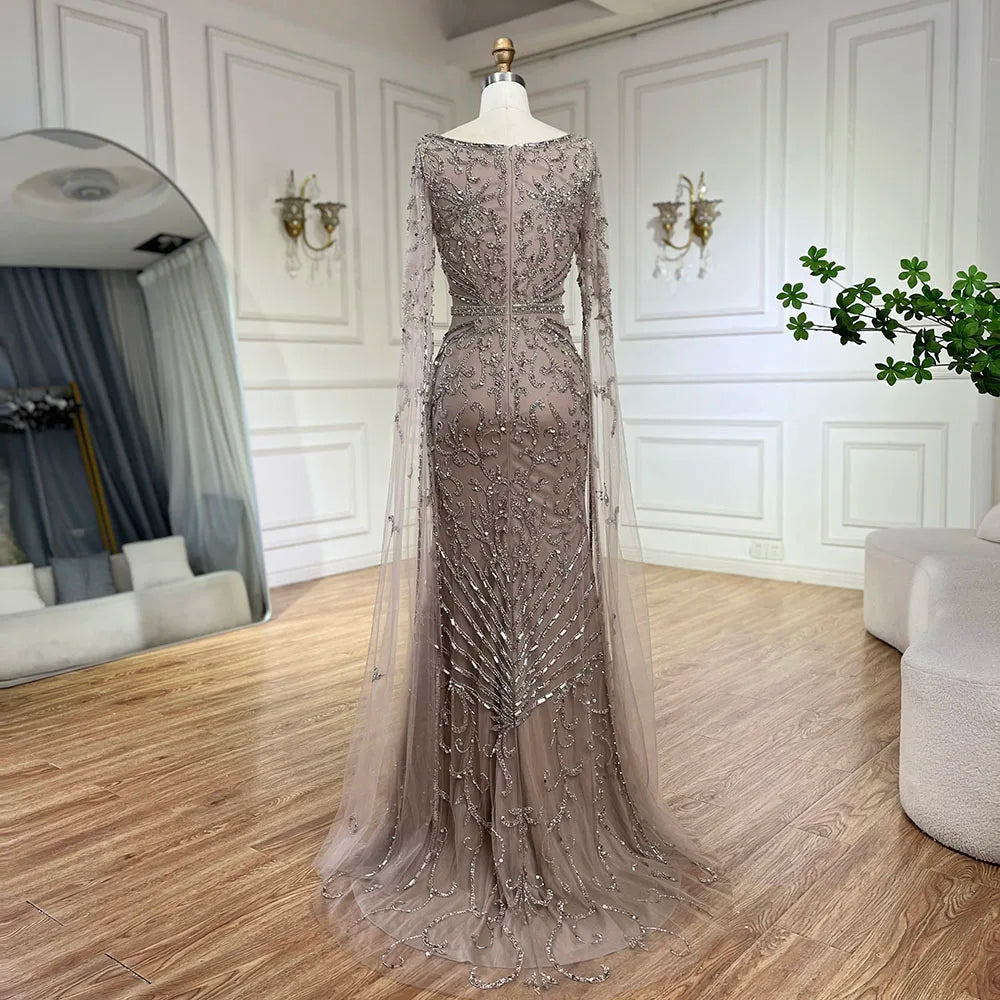 Arabic Caramel Beaded Mermaid Evening Dress with Cape Sleeves LA72400A - SERENE HILL
