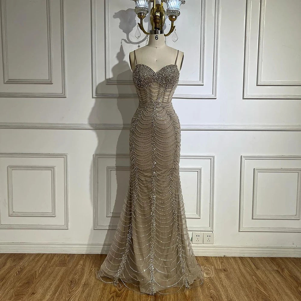 Serene Hill 2025 Arabic Caramel Spaghetti Strap Mermaid Lace-Up Evening Gown Beaded Dress for Women&