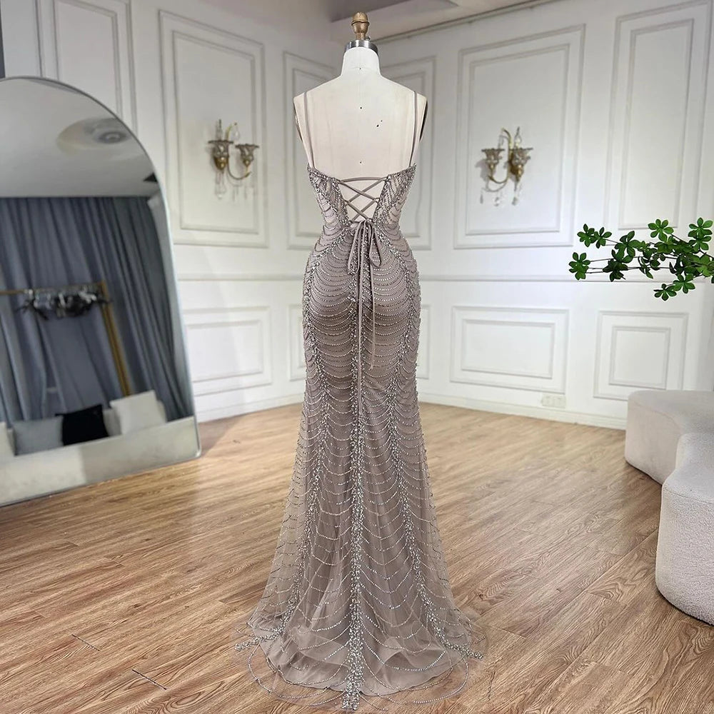 Serene Hill 2025 Arabic Caramel Spaghetti Strap Mermaid Lace-Up Evening Gown Beaded Dress for Women&