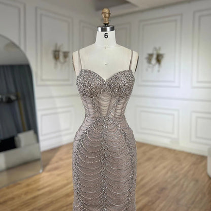 Serene Hill 2025 Arabic Caramel Spaghetti Strap Mermaid Lace-Up Evening Gown Beaded Dress for Women&