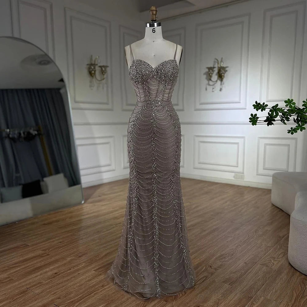 Serene Hill 2025 Arabic Caramel Spaghetti Strap Mermaid Lace-Up Evening Gown Beaded Dress for Women&