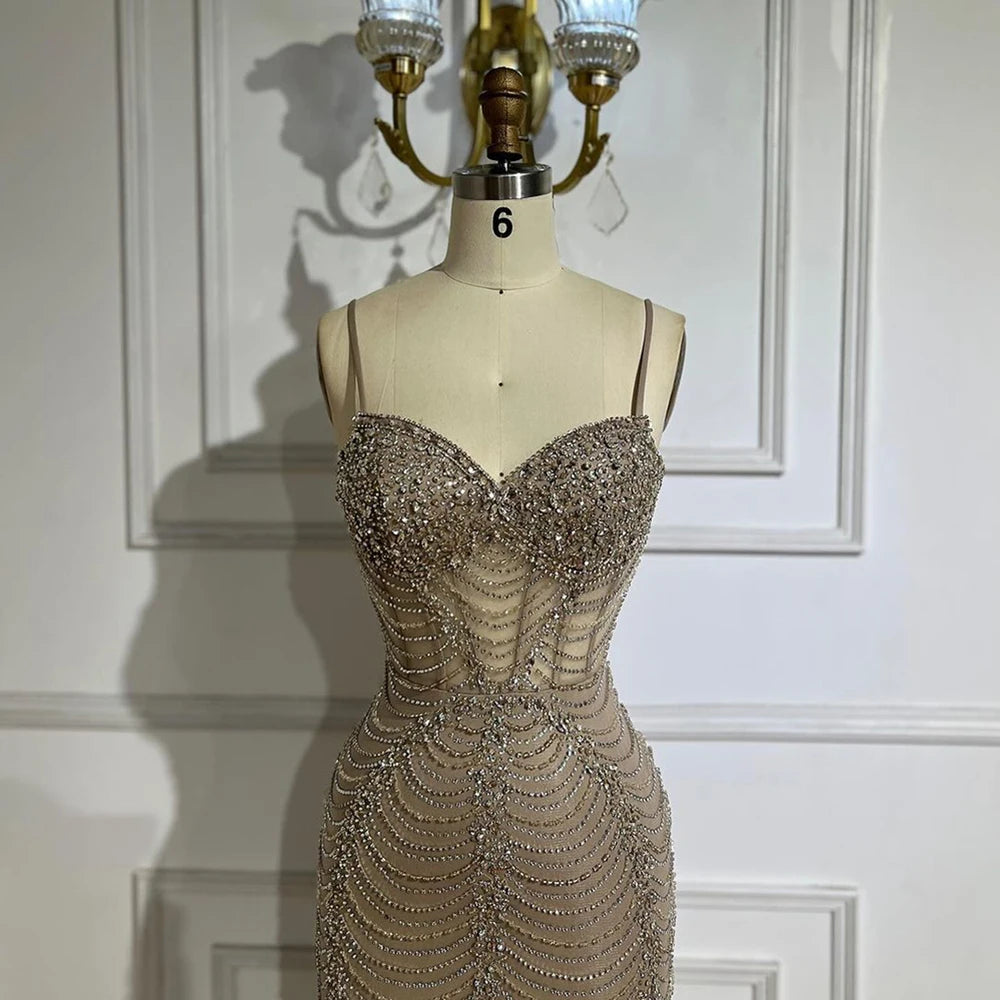 Serene Hill 2025 Arabic Caramel Spaghetti Strap Mermaid Lace-Up Evening Gown Beaded Dress for Women&