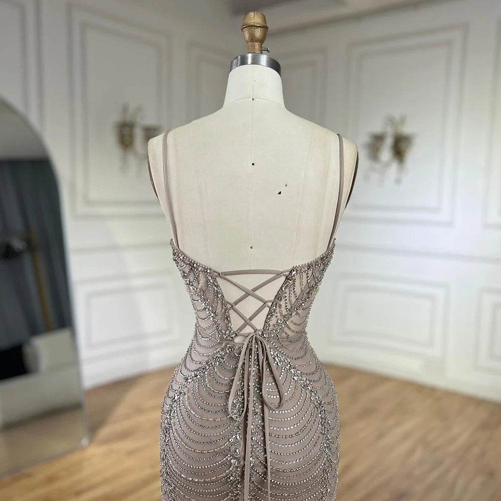 Serene Hill 2025 Arabic Caramel Spaghetti Strap Mermaid Lace-Up Evening Gown Beaded Dress for Women&