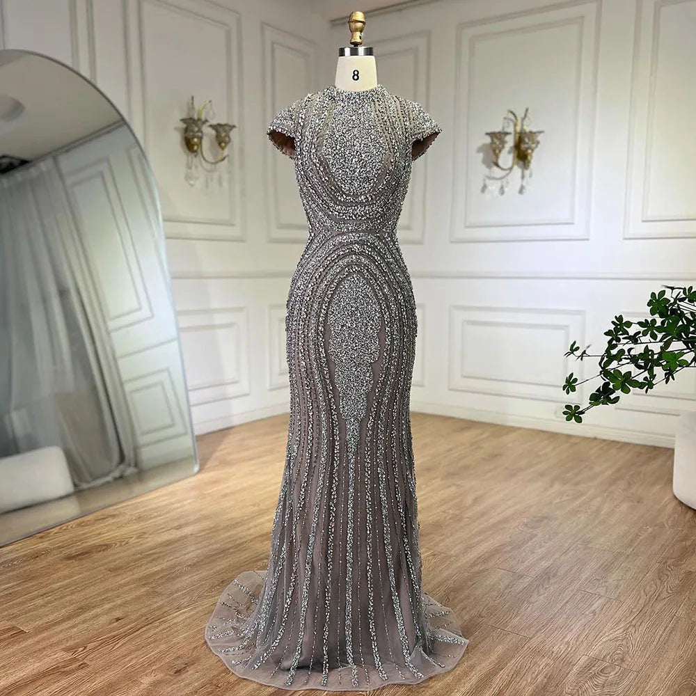 Luxury Designer Dubai Silver Nude Arabic Evening Dresses LA72344 - SERENE HILL