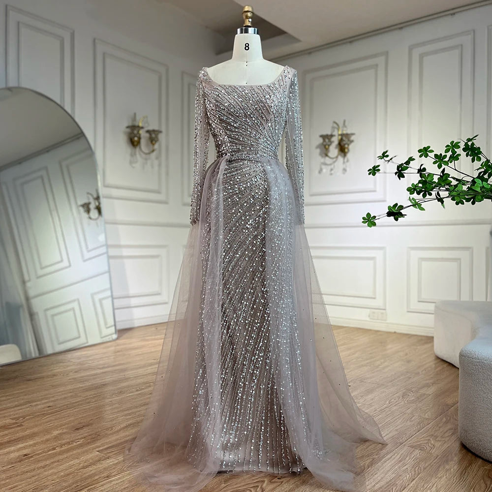 Luxury Gray Beaded Mermaid Evening Dress with Detachable Skirt LA71618L - SERENE HILL