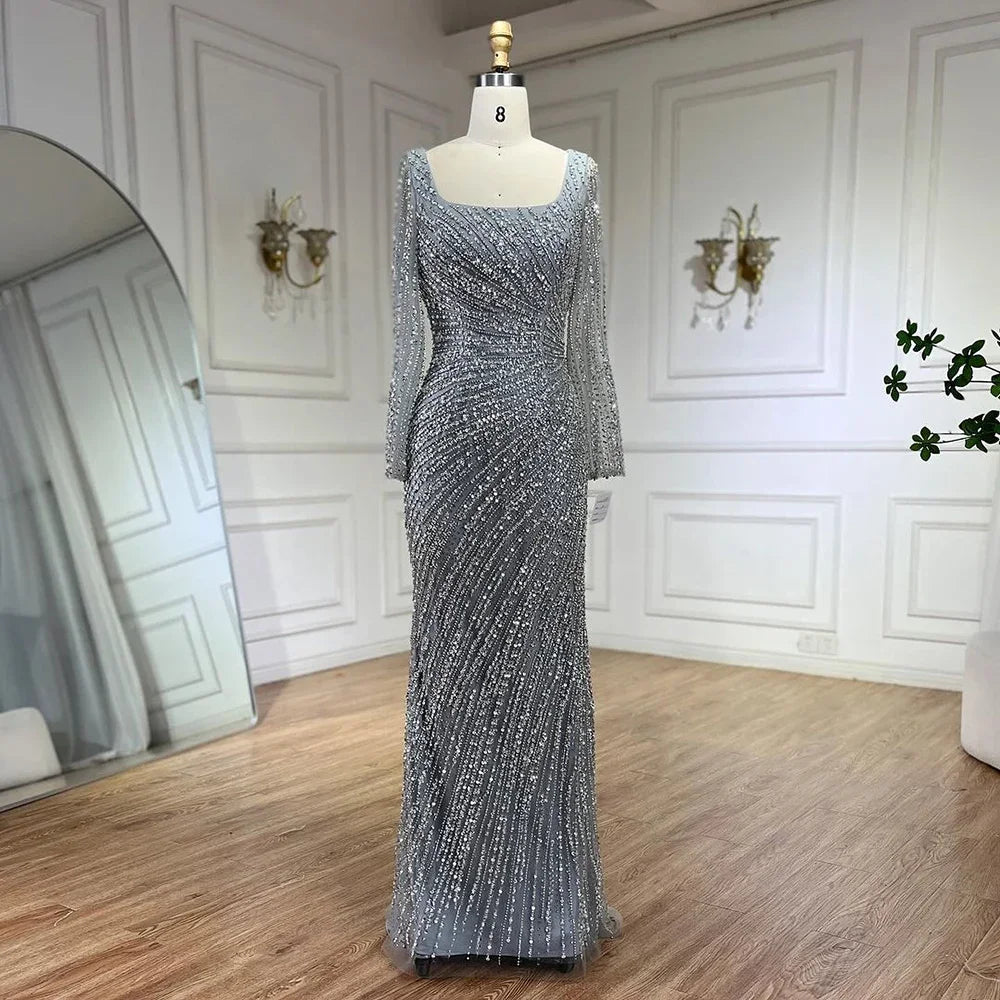 Luxury Gray Beaded Mermaid Evening Dress with Detachable Skirt LA71618L - SERENE HILL
