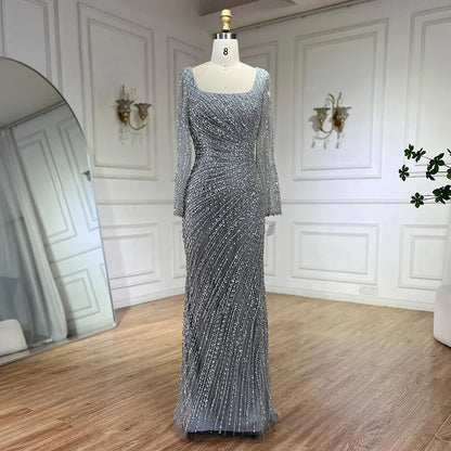 Luxury Gray Beaded Mermaid Evening Dress with Detachable Skirt LA71618L - SERENE HILL