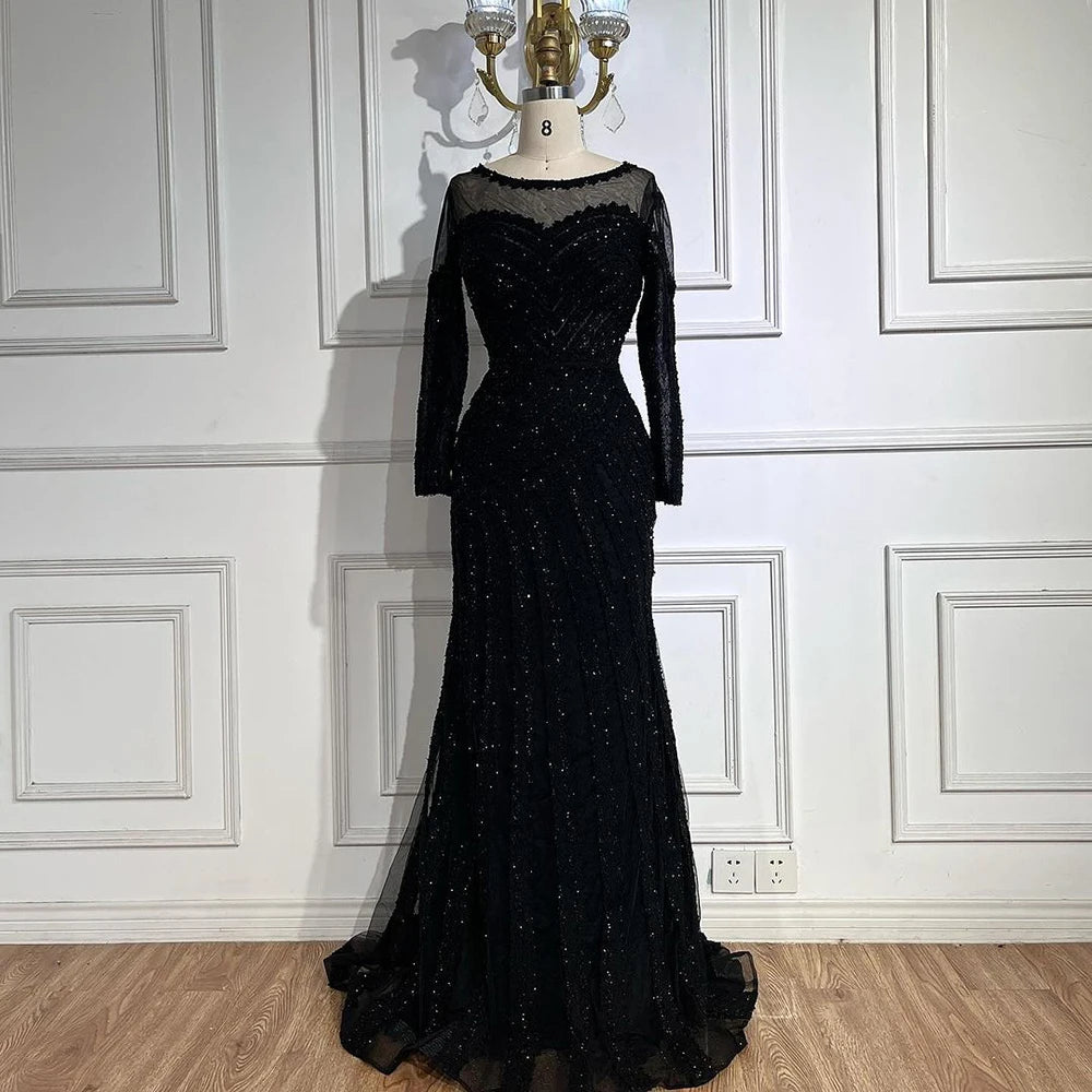 Luxury Dubai Arabic Elegant Black Mermaid Luxury Dubai Purple Evening Gown with Dress for Women&