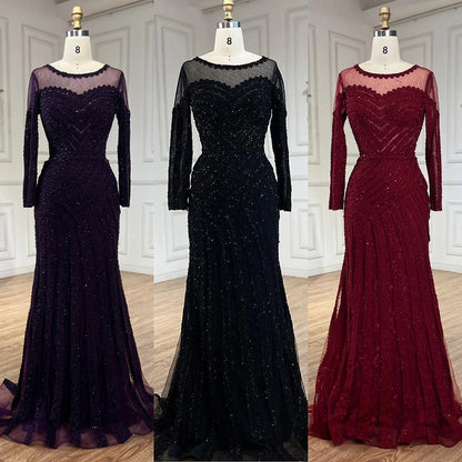 Luxury Dubai Arabic Elegant Black Mermaid Luxury Dubai Purple Evening Gown with Dress for Women&