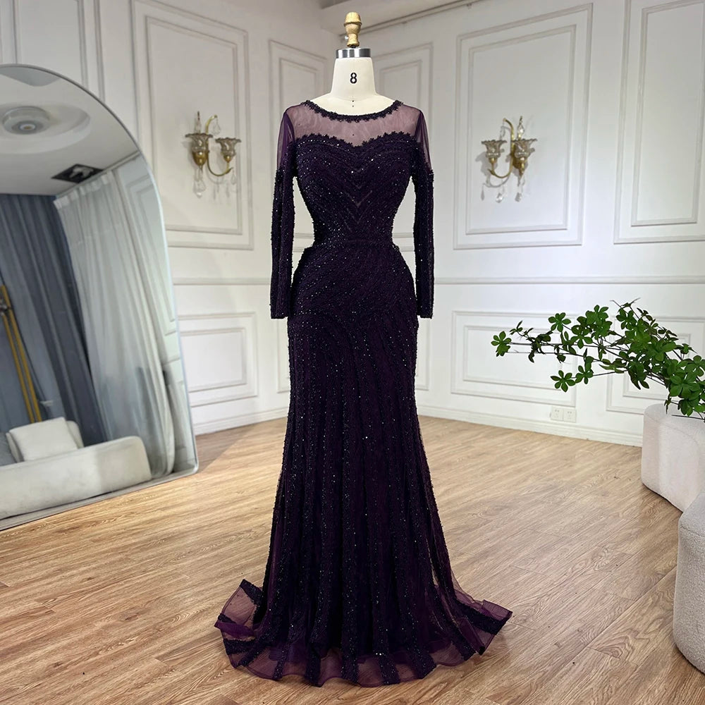 Luxury Dubai Arabic Elegant Black Mermaid Luxury Dubai Purple Evening Gown with Dress for Women&
