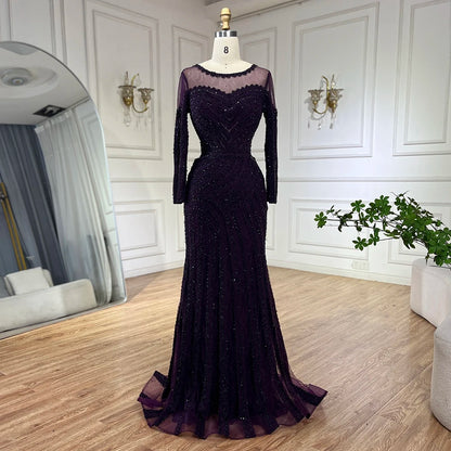 Luxury Dubai Arabic Elegant Black Mermaid Luxury Dubai Purple Evening Gown with Dress for Women&