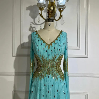 Serene Hill 2025 Arabic Elegant Blue Cape Sleeves Beaded Mermaid Evening Gown for Women&