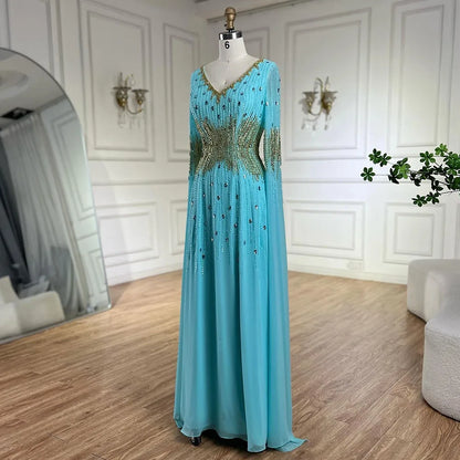 Serene Hill 2025 Arabic Elegant Blue Cape Sleeves Beaded Mermaid Evening Gown for Women&