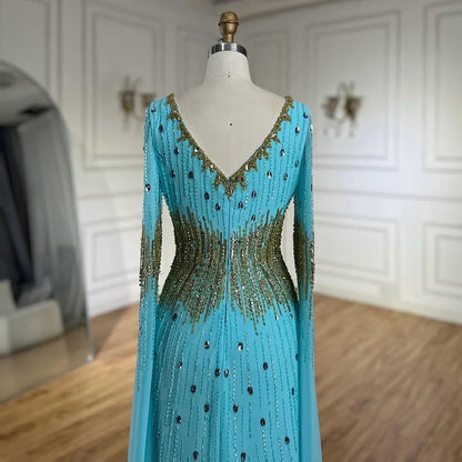 Serene Hill 2025 Arabic Elegant Blue Cape Sleeves Beaded Mermaid Evening Gown for Women&
