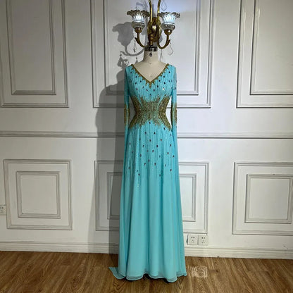 Serene Hill 2025 Arabic Elegant Blue Cape Sleeves Beaded Mermaid Evening Gown for Women&