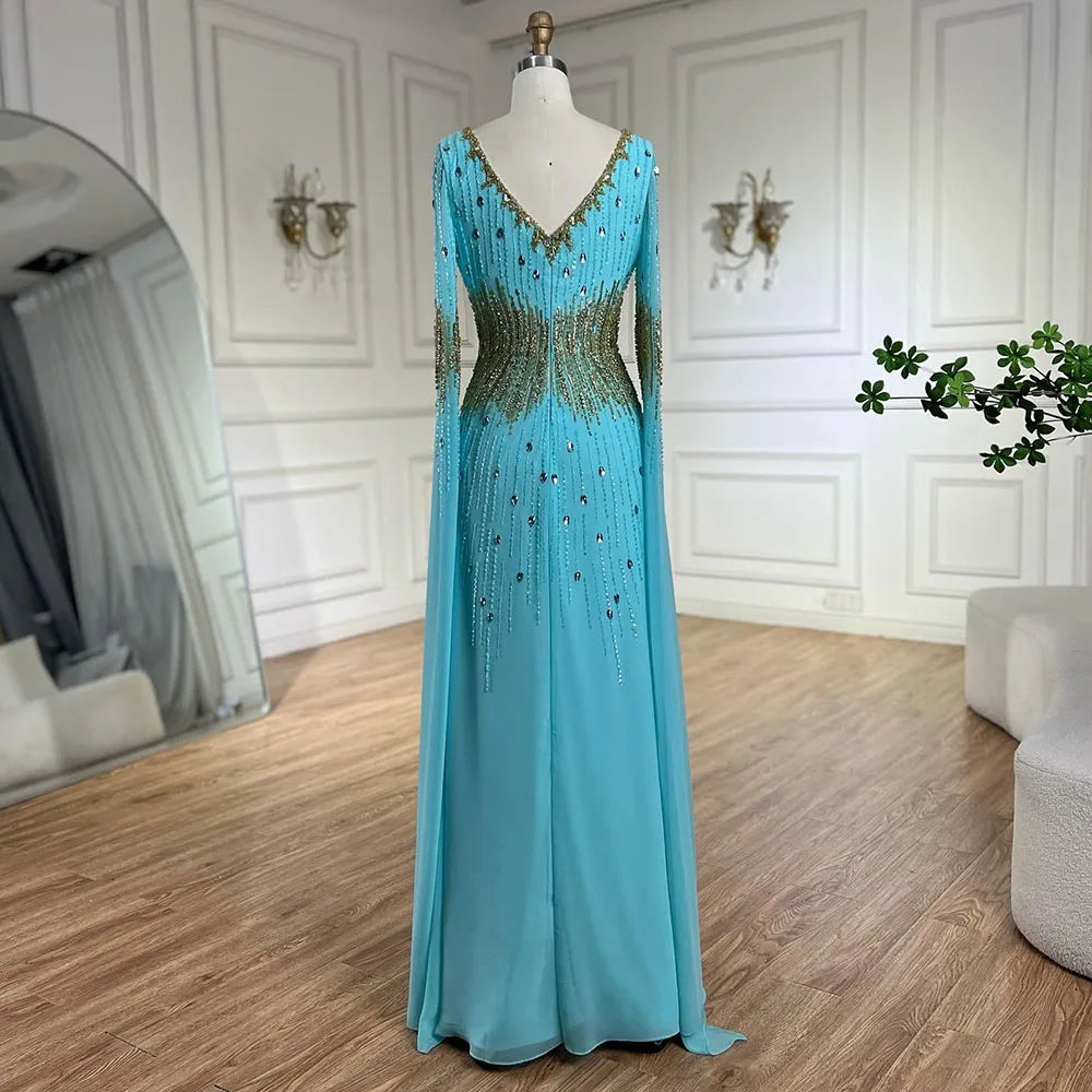 Serene Hill 2025 Arabic Elegant Blue Cape Sleeves Beaded Mermaid Evening Gown for Women&