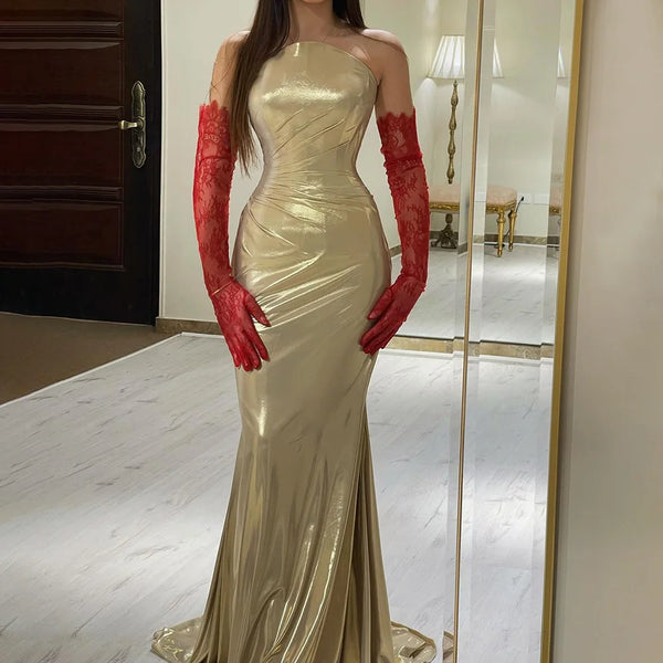 Serene Hill 2025 Arabic Elegant Gold Mermaid Luxury Dubai Evening Gown for Women's Party LA72670