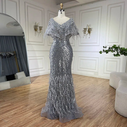 Luxury Arabic Red Mermaid Evening Dress with Feathers Beaded LA71323A - SERENE HILL