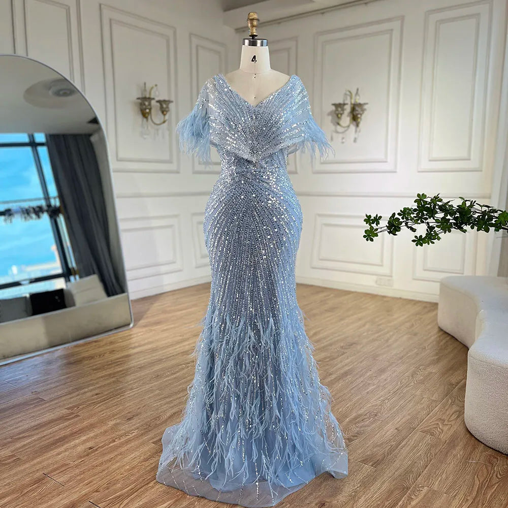 Dubai Gray Feathers Mermaid Evening Dresses LA71323A 14 / Blue
