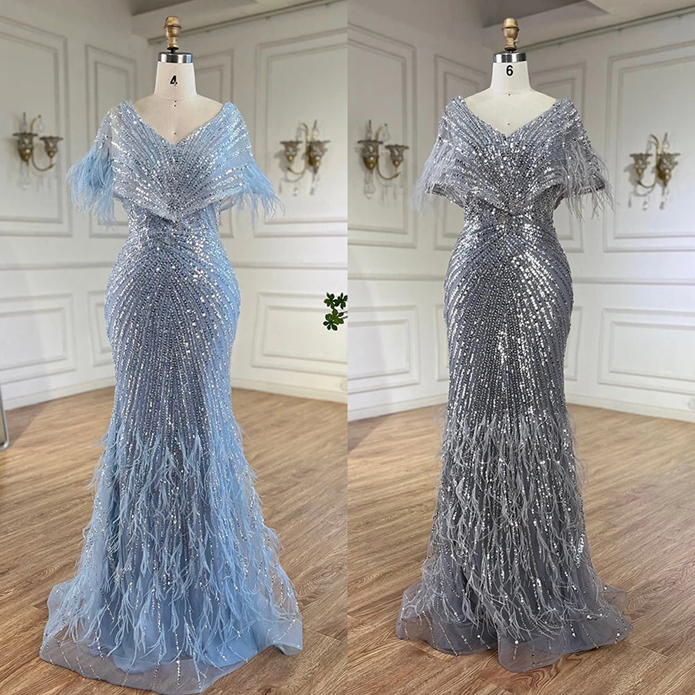 Luxury Arabic Red Mermaid Evening Dress with Feathers Beaded LA71323A - SERENE HILL
