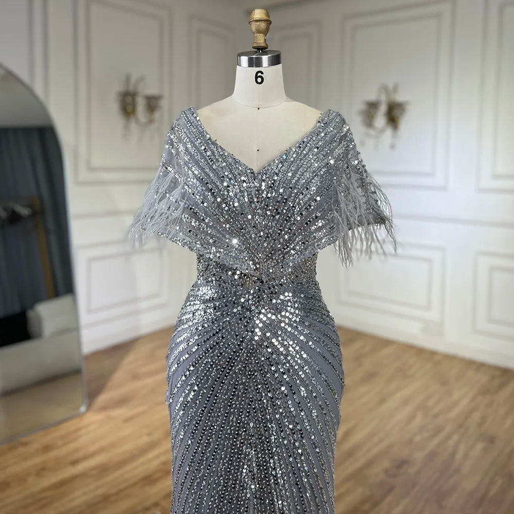 Luxury Arabic Red Mermaid Evening Dress with Feathers Beaded LA71323A - SERENE HILL