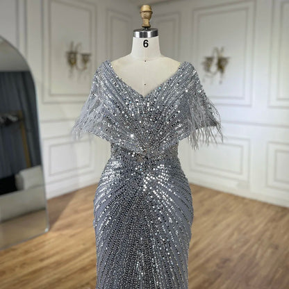 Luxury Arabic Red Mermaid Evening Dress with Feathers Beaded LA71323A - SERENE HILL