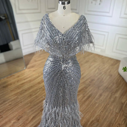 Luxury Arabic Red Mermaid Evening Dress with Feathers Beaded LA71323A - SERENE HILL